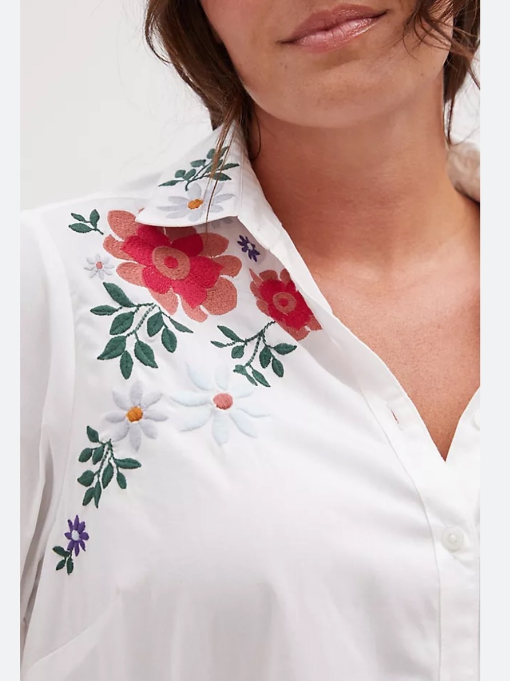 Anthropologie White Button-Down Shirt with Floral Embroidery